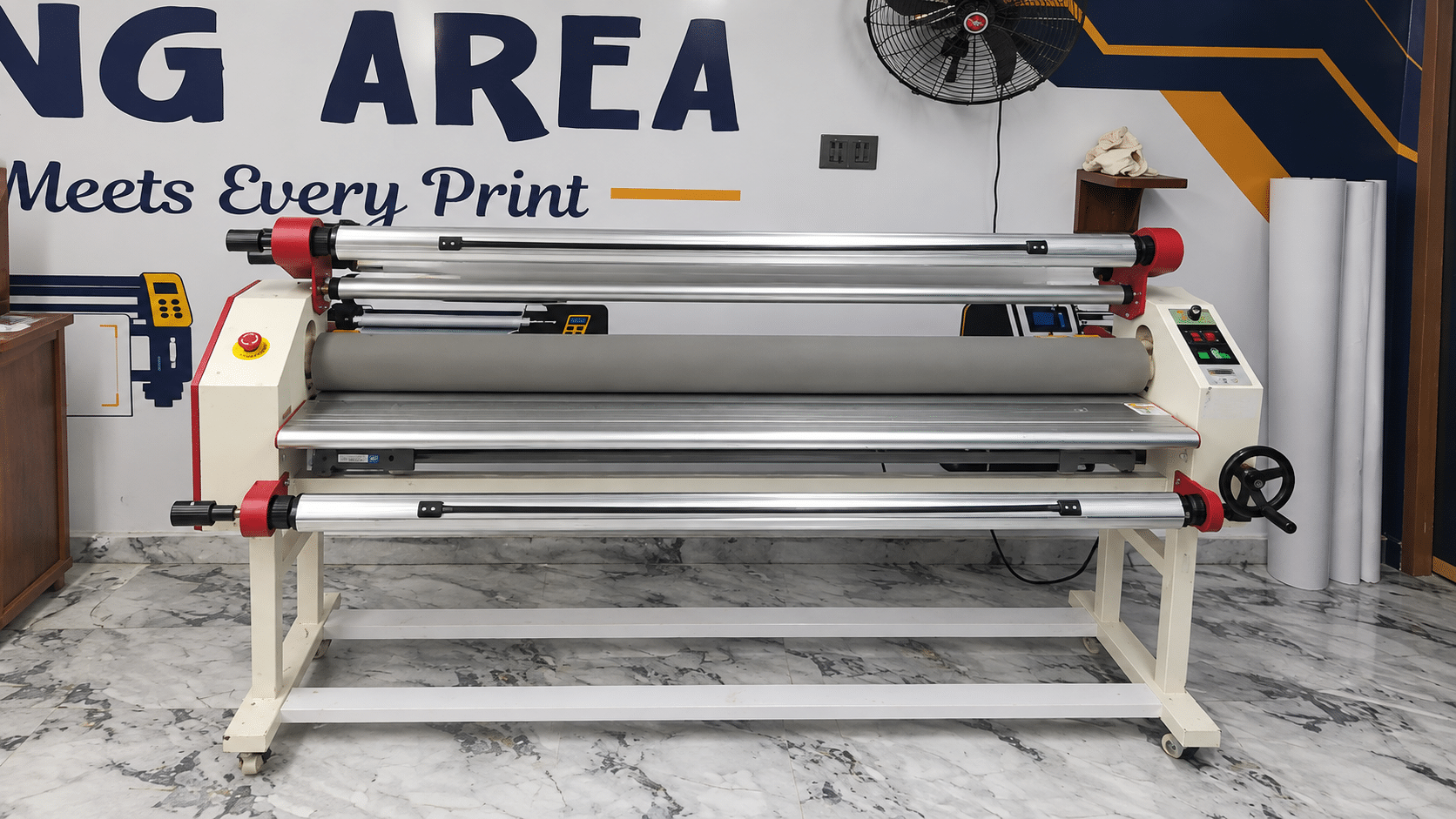 Our Workshop Hot and cool laminator in Artavia workshop printing area