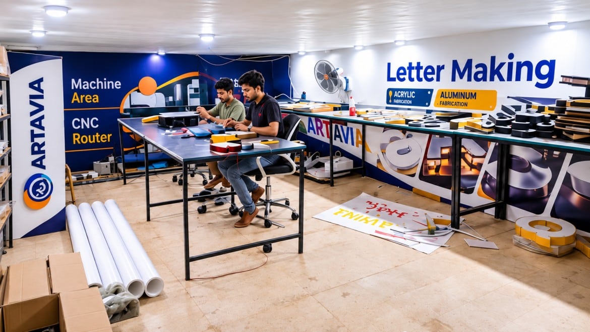 Our Workshop Artavia team working in the letter making area