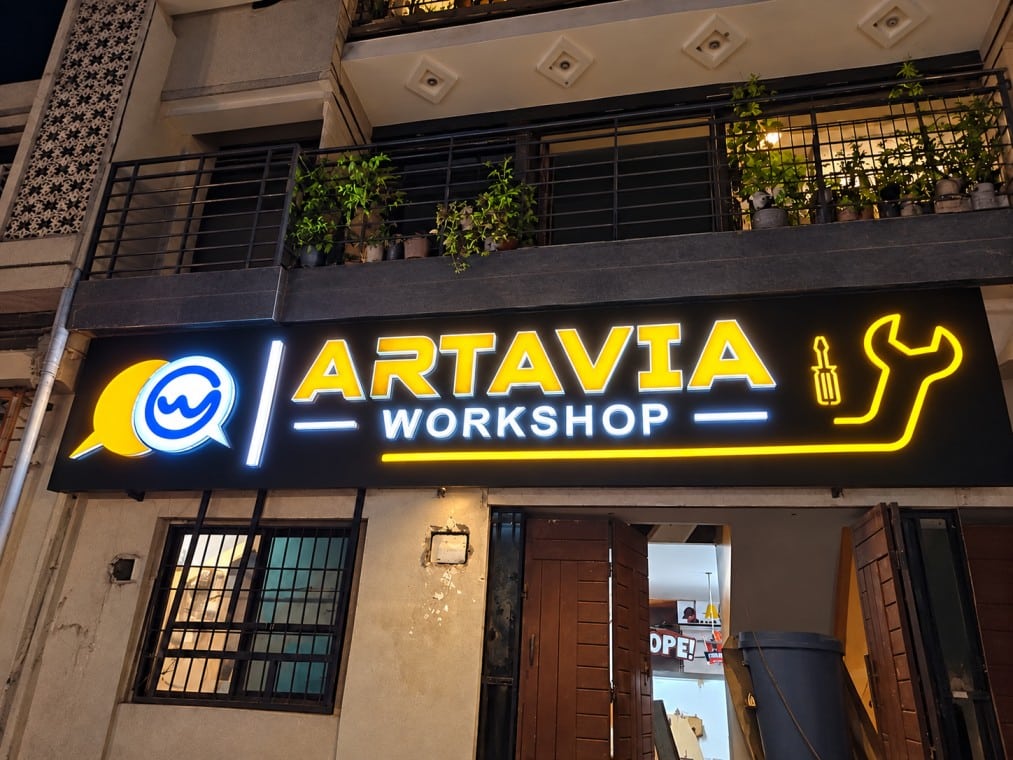 Our Workshop Illuminated Artavia Advertising Agency workshop entrance in Karachi
