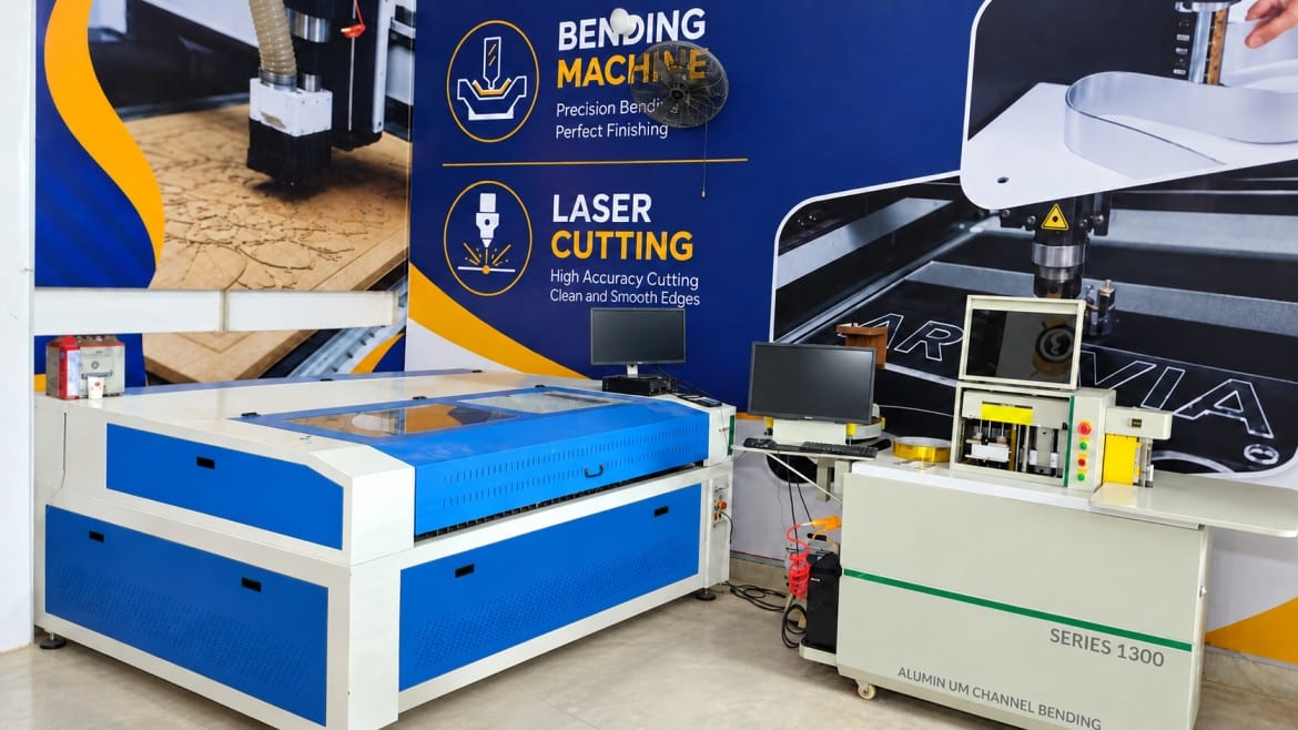 Our Workshop Letter bending machine and CNC laser cutter together at Artavia Advertising Agency workshop in Karachi